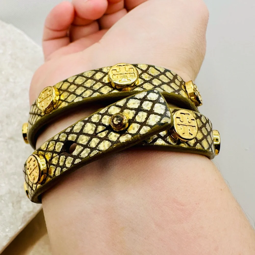 EUC Tory Burch Miller Stud Double Wrap Metallic Gold Exotic Snakeskin Bracelet